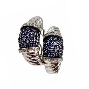 Blue Sapphire Diamond Accented Omega Back Sterling Silver Cable Design Earrings